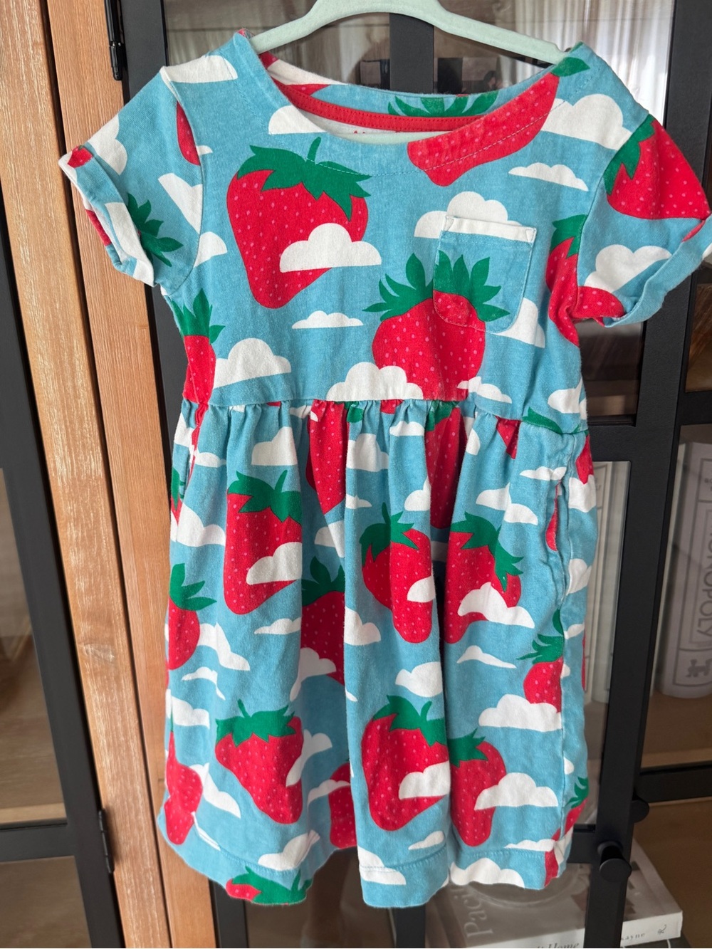 Mini Boden strawberry clouds sky dress short sleeve pockets toddler girl berries